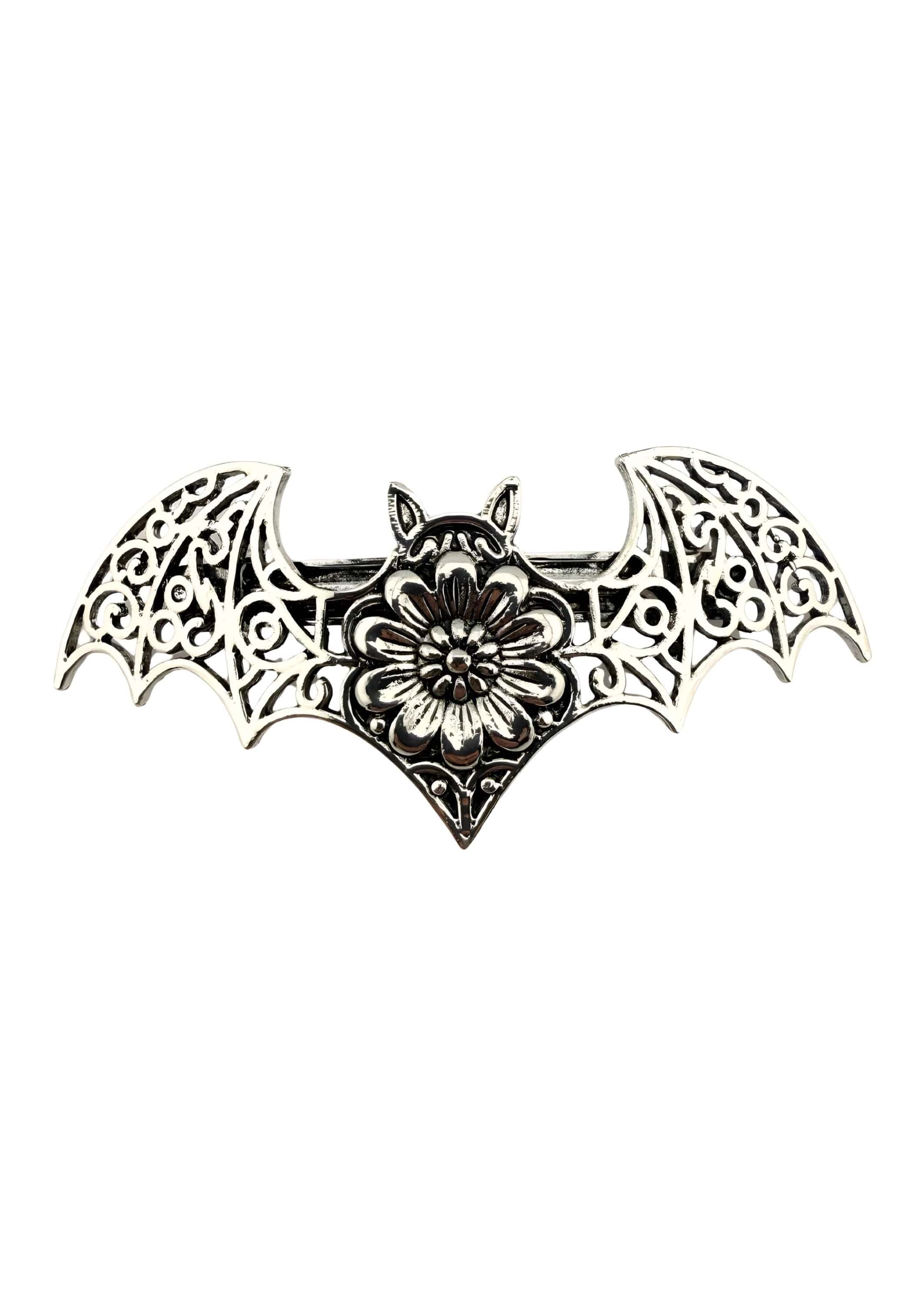 Silberne bat flower haarklammer in form einer fledermaus mit filigranen flügeln und floralem mitteldesign